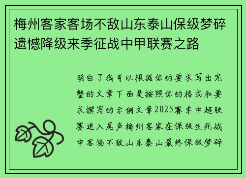 梅州客家客场不敌山东泰山保级梦碎遗憾降级来季征战中甲联赛之路