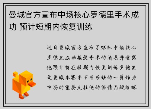 曼城官方宣布中场核心罗德里手术成功 预计短期内恢复训练