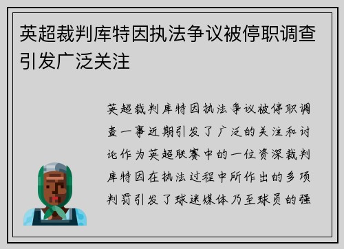 英超裁判库特因执法争议被停职调查引发广泛关注